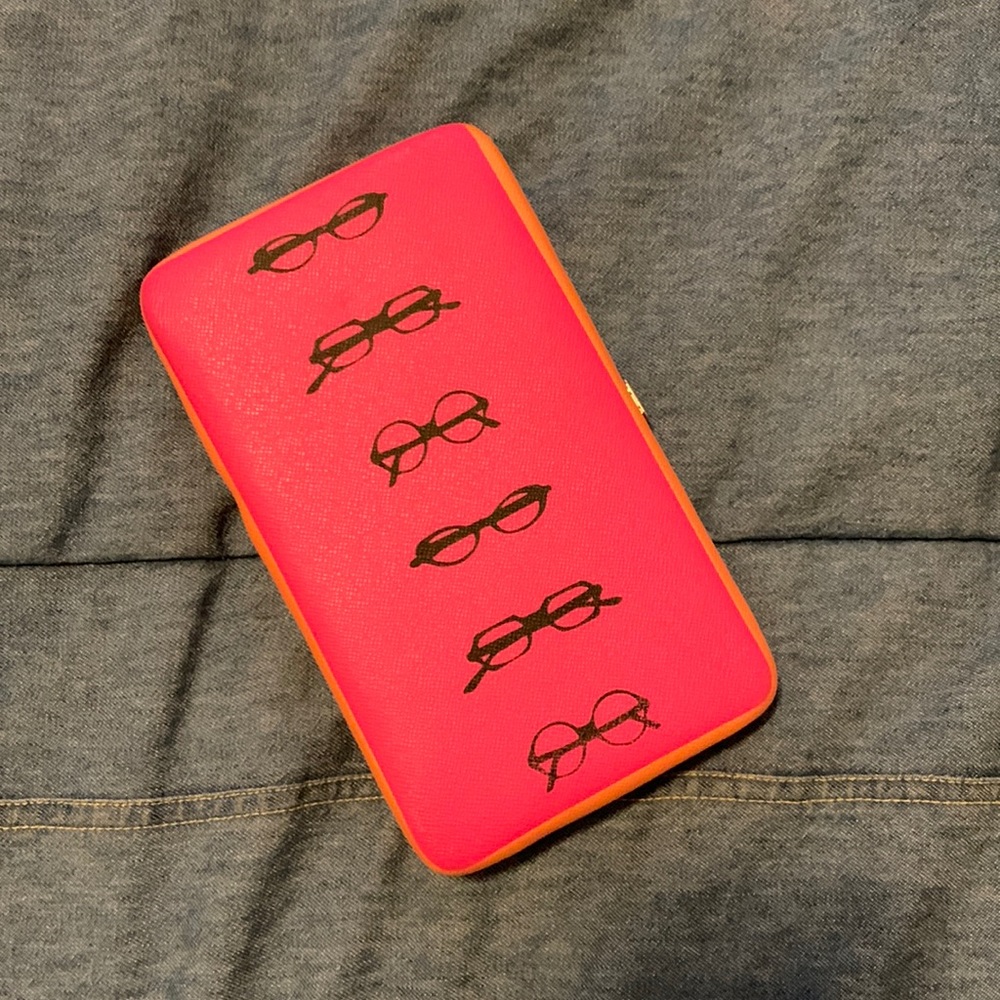 Pink and orange wallet with Glasses on the front and back